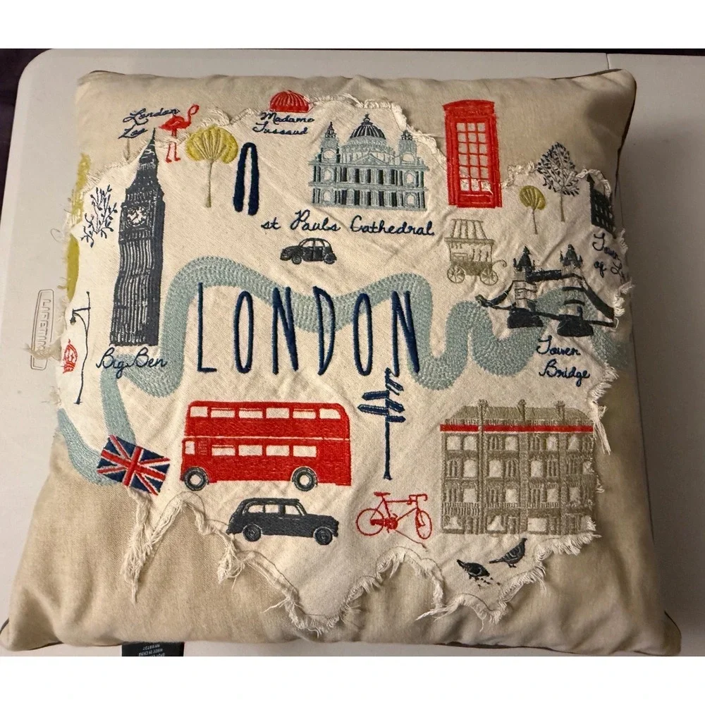 Cynthia Rowley London Map Throw Pillow 20x20 Beige Embroidered Travel Souvenir